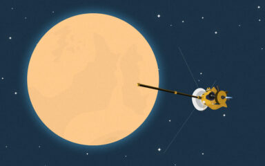 Ilustración del satélite Titán, y la sonda Cassini-Huygens